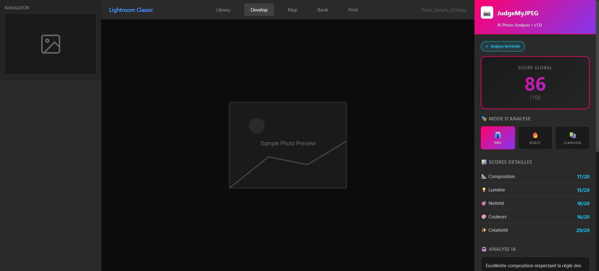 Interface du plugin JudgeMyJPEG dans Adobe Lightroom Classic